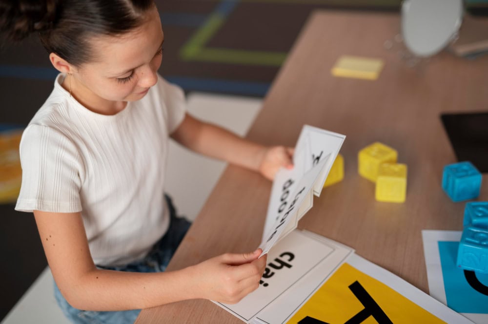 775922 – i-Kids Girl sitting at a table flipping through flashcards with words, colorful foam blocks nearby on the desk.