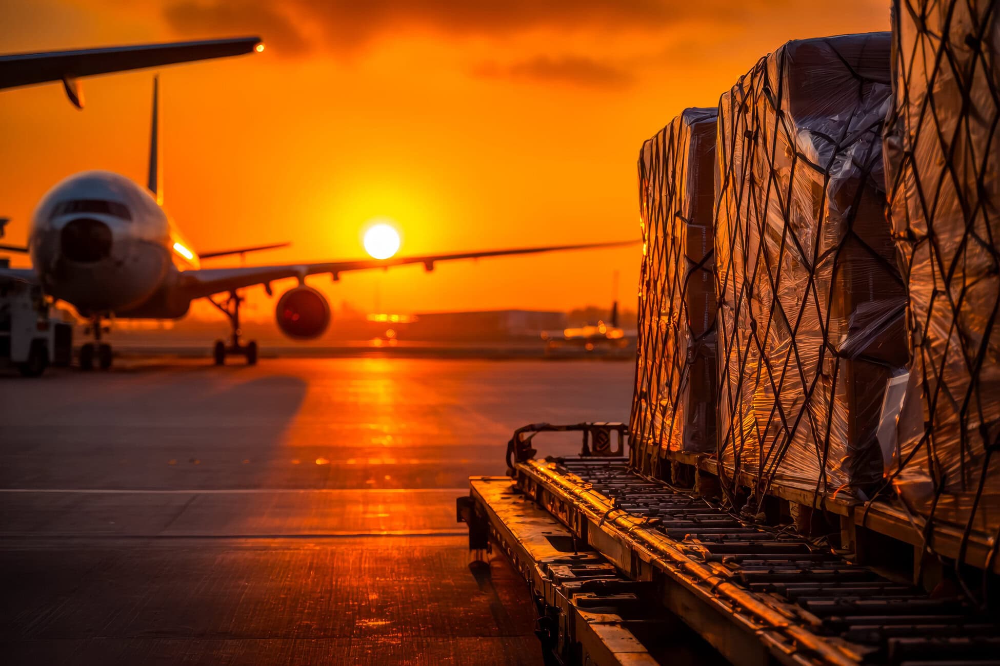 776208 IAS Handling Palletized cargo wrapped in plastic on a tarmac at sunset, with an airplane in the background