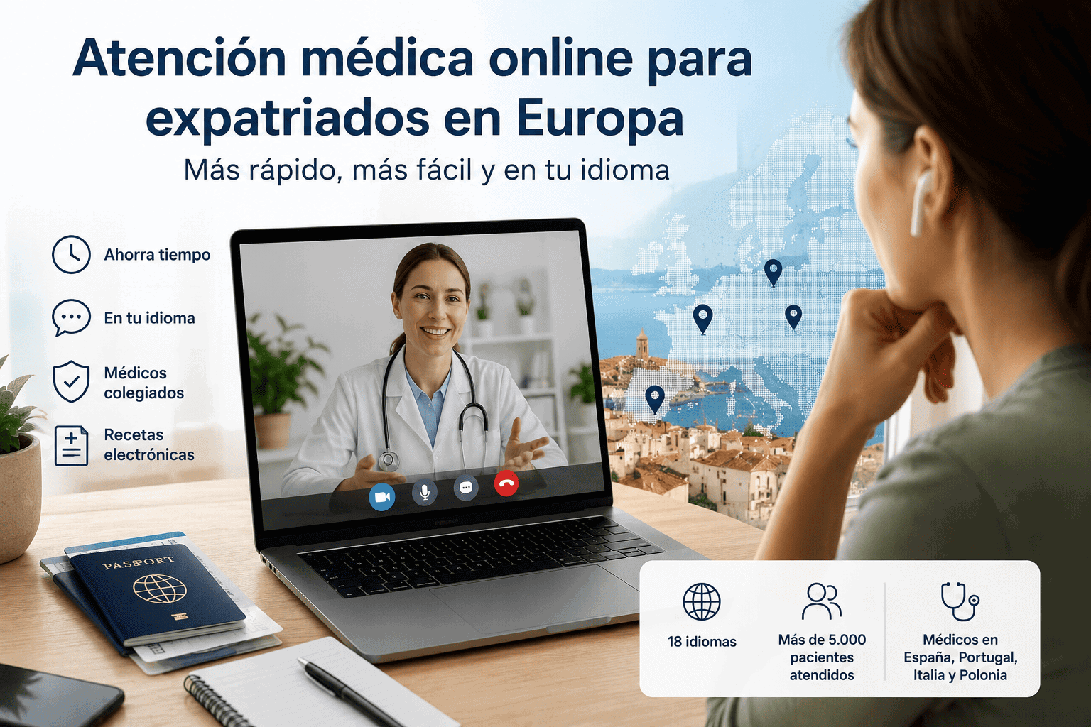 online_doctor_spain Mujer viendo una consulta médica en laptop con mapa mundial y puntos de ubicación; texto en izquierda destacando ventajas del servicio online en español.