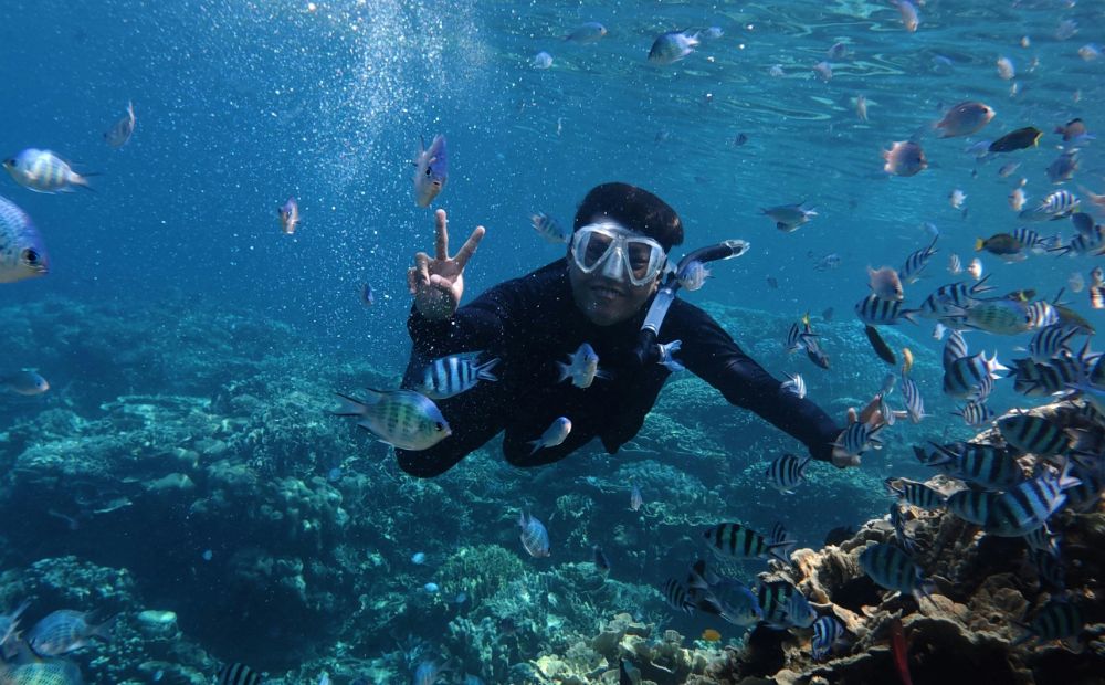 Scuba diver wearing a mask swims underwater among a school of striped and colorful fish near a coral reef, making a peace sign.