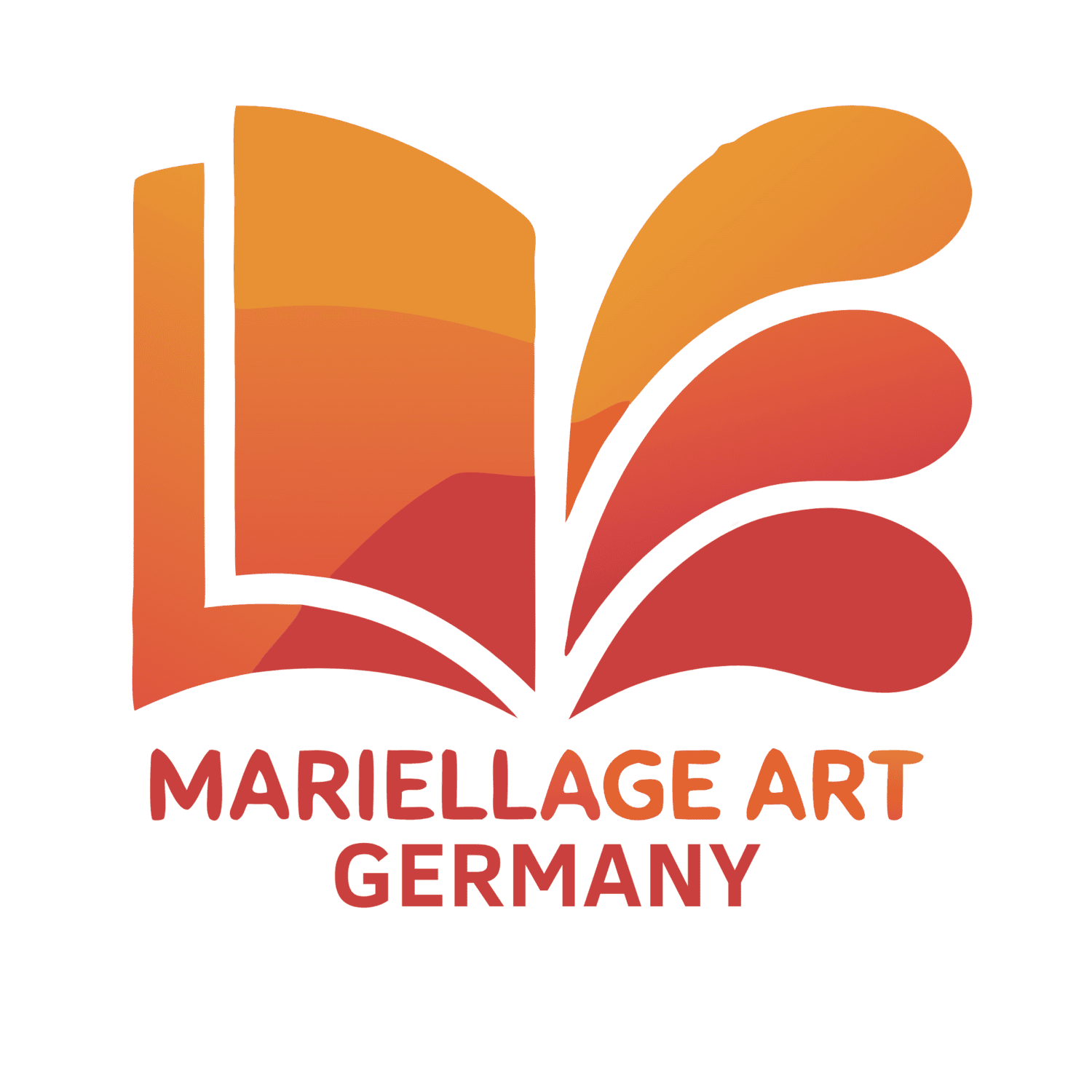 Logo for Marielle Age Art Germany with orange gradient abstract shapes reminiscent of an open book or petals.